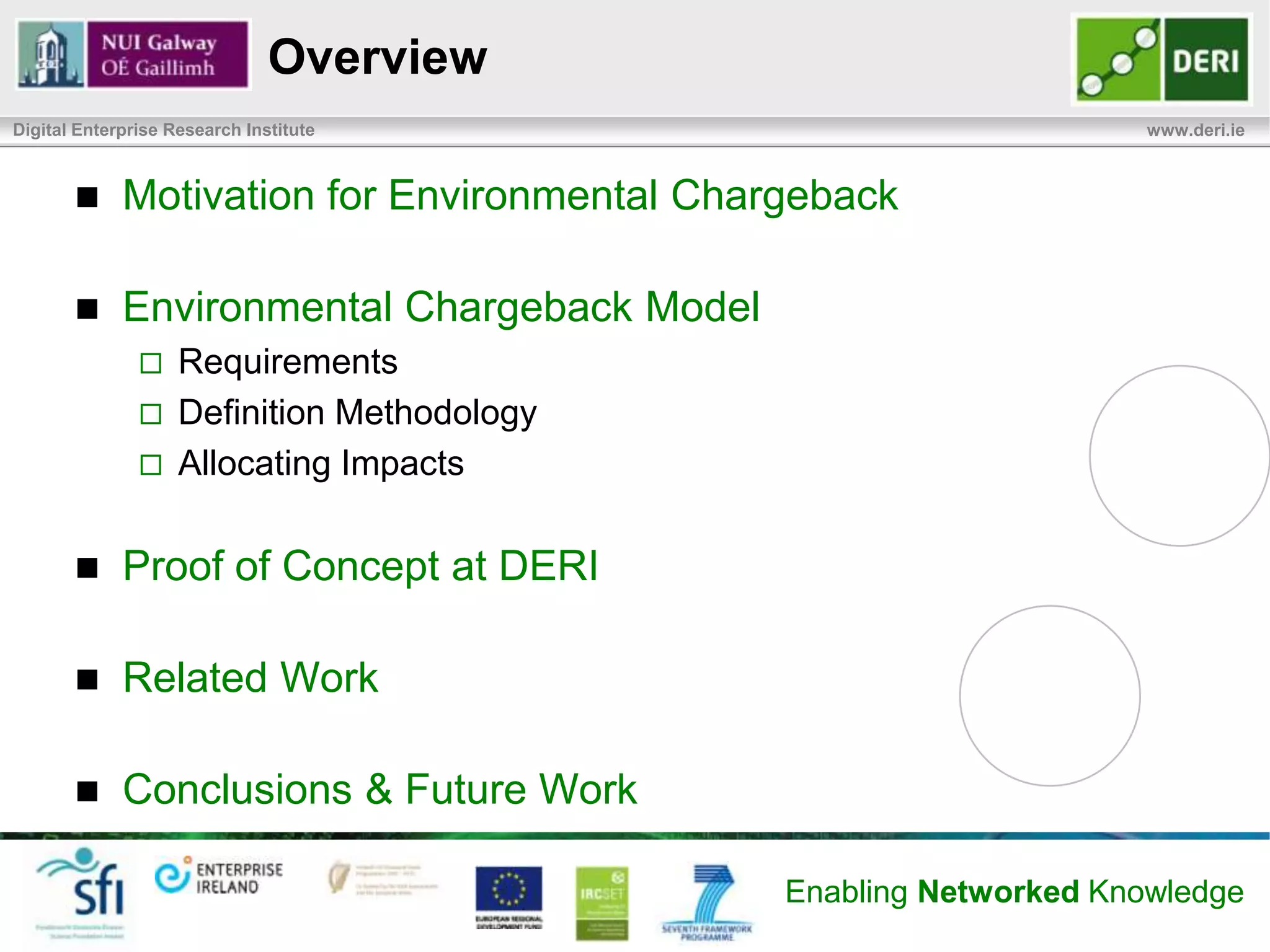 Overview
Digital Enterprise Research Institute                               www.deri.ie



            Motivation for Environmental Chargeback

            Environmental Chargeback Model
                   Requirements
                   Definition Methodology
                   Allocating Impacts

            Proof of Concept at DERI

            Related Work

            Conclusions & Future Work

                                              Enabling Networked Knowledge
 