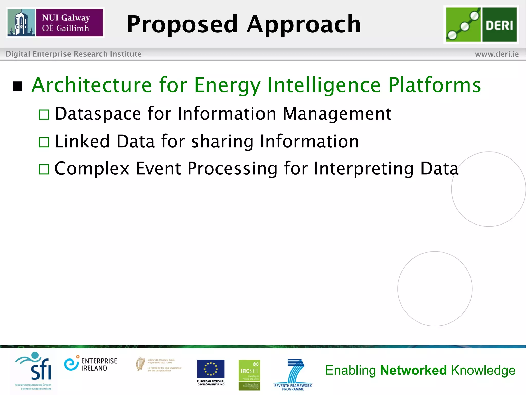 Proposed Approach
Digital Enterprise Research Institute                                          www.deri.ie



 n    Architecture for Energy Intelligence Platforms
        ¨  Dataspace                   for Information Management
        ¨  Linked            Data for sharing Information
        ¨  Complex                Event Processing for Interpreting Data




                                                          Enabling Networked Knowledge
 