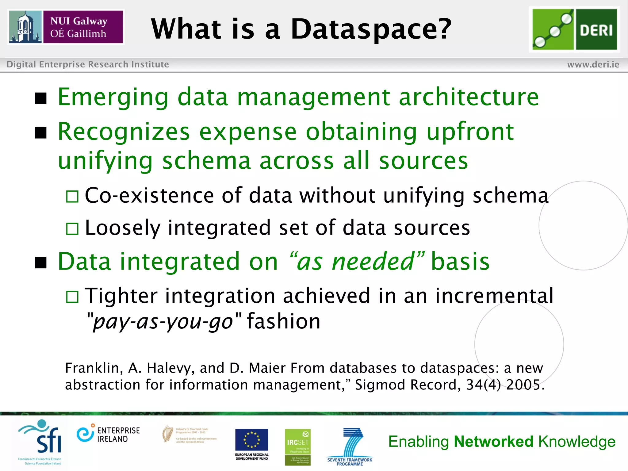 What is a Dataspace?
Digital Enterprise Research Institute                                                www.deri.ie



      n  Emerging data management architecture
      n  Recognizes expense obtaining upfront
          unifying schema across all sources
             ¨  Co-existence            of data without unifying schema
             ¨  Loosely            integrated set of data sources
      n    Data integrated on “as needed” basis
             ¨  Tighter integration achieved in an incremental
                 "pay-as-you-go" fashion

             Franklin, A. Halevy, and D. Maier From databases to dataspaces: a new
             abstraction for information management,” Sigmod Record, 34(4) 2005.



                                                           Enabling Networked Knowledge
 