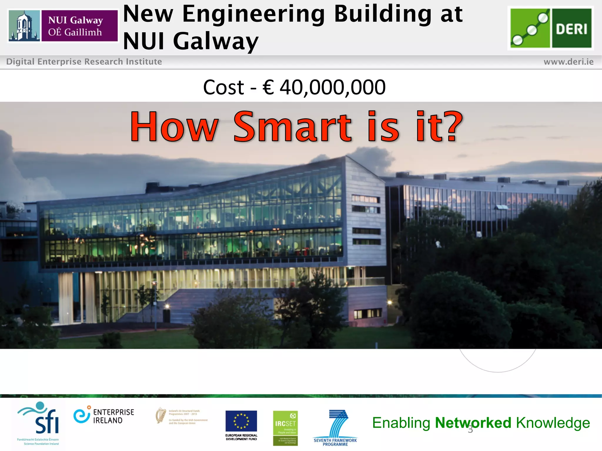 New Engineering Building at
                           NUI Galway
Digital Enterprise Research Institute                                                           www.deri.ie


                                        Cost	
  -­‐	
  €	
  40,000,000	
  	
  	
  




                                                                           Enabling Networked Knowledge
                                                                                        3	
  
 