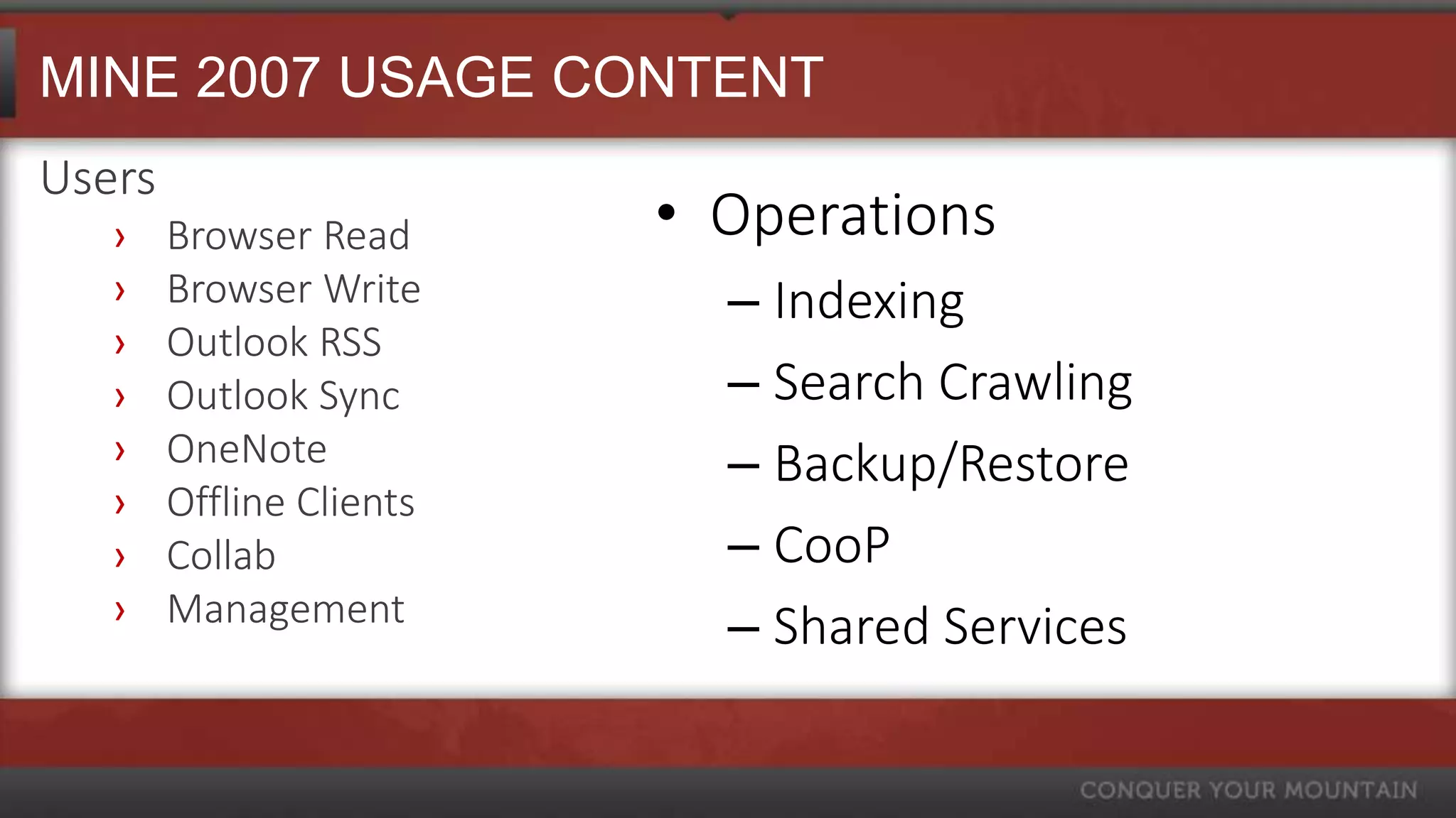MINE 2007 USAGE CONTENT
Users
   ›    Browser Read      • Operations
   ›    Browser Write       – Indexing
   ›    Outlook RSS
   ›    Outlook Sync        – Search Crawling
   ›    OneNote             – Backup/Restore
   ›    Offline Clients
   ›    Collab              – CooP
   ›    Management          – Shared Services
 