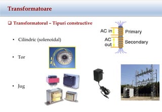 Transformatoare
 Transformatorul – Tipuri constructive
• Cilindric (solenoidal)
• Tor
• Jug
 