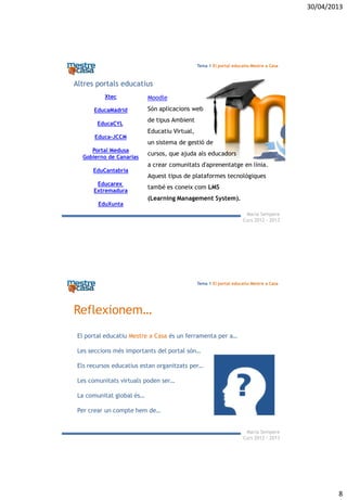 30/04/2013
8
Maria Sempere
Curs 2012 - 2013
Altres portals educatius
Xtec
EducaMadrid
EducaCYL
Educa-JCCM
Portal Medusa
Gobierno de Canarias
EduCantabria
Educarex
Extremadura
EduXunta
Tema 1 El portal educatiu Mestre a Casa
Moodle
Són aplicacions web
de tipus Ambient
Educatiu Virtual,
un sistema de gestió de
cursos, que ajuda als educadors
a crear comunitats d'aprenentatge en línia.
Aquest tipus de plataformes tecnològiques
també es coneix com LMS
(Learning Management System).
Maria Sempere
Curs 2012 - 2013
Reflexionem…
El portal educatiu Mestre a Casa és un ferramenta per a…
Les seccions més importants del portal són…
Els recursos educatius estan organitzats per…
Les comunitats virtuals poden ser…
La comunitat global és…
Per crear un compte hem de…
Tema 1 El portal educatiu Mestre a Casa
 