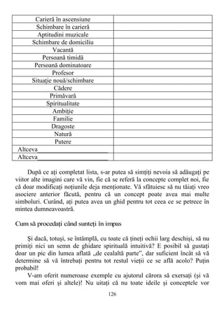 Carieră în ascensiune
Schimbare în carieră
Aptitudini muzicale
Schimbare de domiciliu
Vacantă
Persoană timidă
Persoană dominatoare
Profesor
Situaţie nouă/schimbare
Cădere
Primăvară
Spiritualitate
Ambiţie
Familie
Dragoste
Natură
Putere
Altceva______________________
Altceva______________________
După ce aţi completat lista, s-ar putea să simţiţi nevoia să adăugaţi pe
viitor alte imagini care vă vin, fie că se referă la concepte complet noi, fie
că doar modificaţi noţiunile deja menţionate. Vă sfătuiesc să nu tăiaţi vreo
asociere anterior făcută, pentru că un concept poate avea mai multe
simboluri. Curând, aţi putea avea un ghid pentru tot ceea ce se petrece în
mintea dumneavoastră.
Cum să procedaţi când sunteţi în impas
Şi dacă, totuşi, se întâmplă, cu toate că ţineţi ochii larg deschişi, să nu
primiţi nici un semn de ghidare spirituală intuitivă? E posibil să gustaţi
doar un pic din lumea aflată „de cealaltă parte”, dar suficient încât să vă
determine să vă întrebaţi pentru tot restul vieţii ce se află acolo? Puţin
probabil!
V-am oferit numeroase exemple cu ajutorul cărora să exersaţi (şi vă
vom mai oferi şi altele)! Nu uitaţi că nu toate ideile şi conceptele vor
126
 