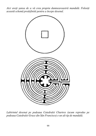 Aici aveţi şansa de a vă crea propria dumneavoastră mandală. Folosiţi
această schemă predefinită pentru a începe desenul.
Labirintul desenat pe podeaua Catedralei Chartres (acum reprodus pe
podeaua Catedralei Grace din Sân Francisco) e un alt tip de mandală.
99
 