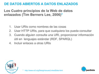 DE DATOS ABIERTOS A DATOS ENLAZADOS
1. Usar URIs como nombres de las cosas
2. Usar HTTP URIs, para que cualquiera los pueda consultar
3. Cuando alguien consulta una URI, proporcionar información
útil en lenguajes estándar (RDF, SPARQL)
4. Incluir enlaces a otras URIs
* http://www.w3.org/DesignIssues/LinkedData.html
Los Cuatro principios de la Web de datos
enlazados (Tim Berners Lee, 2006)*
 