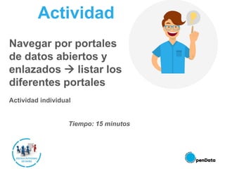 Navegar por portales
de datos abiertos y
enlazados  listar los
diferentes portales
Actividad individual
Tiempo: 15 minutos
Actividad
 