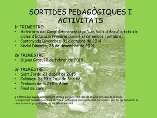 SORTIDES PEDAGÒGIQUES I 
ACTIVITATS 
1r TRIMESTRE: 
• Activitats del Camp d’Aprenentatge “Les Valls d’Àneu” a tots els 
cicles d’Educació Primària durant el setembre i octubre. 
• Castanyada Divendres, 31 d’octubre de 2014 
• Nadal Dimarts, 23 de desembre de 2014 
2n TRIMESTRE: 
• Dijous Gras, 12 de febrer de 2015 
3r TRIMESTRE: 
• Sant Jordi: 23 d’abril de 2015 
• Colònies: De P3 a 2n i de 3r a 6è. 
• Trobada de la ZER a Alins 
• Final de curs 
I d’altres que puguin anar sorgint al llarg del curs tant des de la ZER com des de l’Escola. 
És important l’assistència a les sortides i activitats com a activitat curricular i per tal de fomentar la 
relació amb el grup d’iguals de les altres escoles. 
 