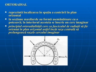 ORTORADIAL

   reprezintă localizarea în spaţiu a centrării în plan
    orizontal
   în secţiune maxilarele au formă asemănătoare cu o
    potcoavă; în interiorul acesteia se înscrie un cerc imaginar
   principiul ortoradialităţii cere ca fasciculul de radiaţii să fie
    orientat în plan orizontal astfel încât raza centrală să
    prelungească razele cercului imaginar
 