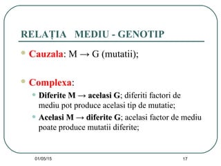 01/05/15 17
RELAŢIA MEDIU - GENOTIP
 Cauzala: M → G (mutatii);
 Complexa:
• Diferite M → acelasi GDiferite M → acelasi G; diferiti factori de
mediu pot produce acelasi tip de mutatie;
• Acelasi M → diferite GAcelasi M → diferite G; acelasi factor de mediu
poate produce mutatii diferite;
 