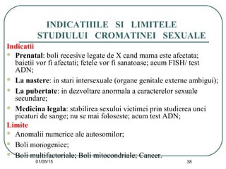 01/05/15 38
INDICATIIILE SI LIMITELE
STUDIULUI CROMATINEI SEXUALE
Indicatii
 Prenatal: boli recesive legate de X cand mama este afectata;
baietii vor fi afectati; fetele vor fi sanatoase; acum FISH/ test
ADN;
 La nastere: in stari intersexuale (organe genitale externe ambigui);
 La pubertate: in dezvoltare anormala a caracterelor sexuale
secundare;
 Medicina legala: stabilirea sexului victimei prin studierea unei
picaturi de sange; nu se mai foloseste; acum test ADN;
Limite
 Anomalii numerice ale autosomilor;
 Boli monogenice;
 Boli multifactoriale; Boli mitocondriale; Cancer.
 
