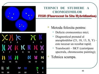 01/05/15 46
TEHNICI DE STUDIERE A
CROMOZOMILOR
FISH (Fluorescent In Situ Hybridization)FISH (Fluorescent In Situ Hybridization)
 Metoda folosita pentru:
• Defecte cromozomice mici;
• Diagnosticul prenatal al
aneuploidiilor (21, 18, 13, X, Y) –
este necesar un rezultat rapid;
• Translocatii – SKY (cariotipare
spectrala, chromosome painting);
 Tehnica scumpa.
 