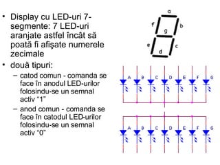 Display cu LED-uri 7-segmente: 7 LED-uri aranjate astfel încât să poată fi afişate numerele zecimale două tipuri: catod comun - comanda se face în anodul LED-urilor folosindu-se un semnal activ “1” anod comun - comanda se face în catodul LED-urilor folosindu-se un semnal activ “0”   
