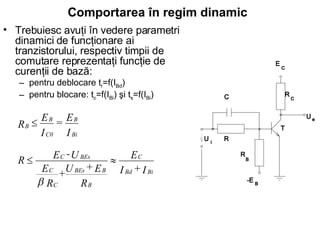 Comportarea în regim dinamic   Trebuiesc avuţi în vedere parametri dinamici de funcţionare ai tranzistorului, respectiv timpii de comutare reprezentaţi funcţie de curenţii de bază:  pentru deblocare t r =f(I Bd ) pentru blocare: t c =f(I Bi ) şi t s =f(I Bi ) 