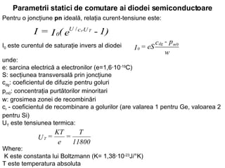 Parametrii statici de comutare ai diodei semiconductoare Pentru o joncţiune  pn  ideală, relaţia curent-tensiune este:   I 0  este curentul de saturaţie invers al diodei  unde: e:  sarcina electrică a electronilor  (e=1,6∙10 -19 C) S:  secţiunea transversală prin joncţiune   c dg :  coeficientul de difuzie pentru goluri   p m0 :  concentraţia purtătorilor minoritari   w:  grosimea zonei de recombinări   c r  -  coeficientul de recombinare a golurilor  (are valarea 1 pentru Ge, valoarea 2 pentru Si) U T  este tensiunea termica:  Where: K este constanta lui Boltzmann (K= 1,38∙10 -23 J/°K) T este temperatura absoluta  