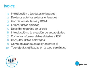 ÍNDICE
1. Introducción a los datos enlazados
2. De datos abiertos a datos enlazados
3. Uso de vocabularios y DCAT
4. Enlazar datos abiertos
5. Describir recursos en la web
6. Introducción a la creación de vocabularios
7. Como transformar datos abiertos a RDF
8. Consultar datos enlazados
9. Como enlazar datos abiertos entre sí
10. Tecnologías utilizadas en la web semántica
 