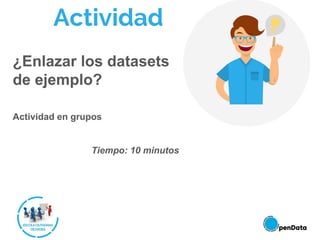 Actividad
¿Enlazar los datasets
de ejemplo?
Actividad en grupos
Tiempo: 10 minutos
 