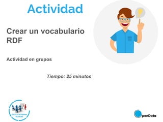 Actividad
Crear un vocabulario
RDF
Actividad en grupos
Tiempo: 25 minutos
 