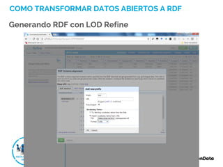 COMO TRANSFORMAR DATOS ABIERTOS A RDF
Generando RDF con LOD Refine
 