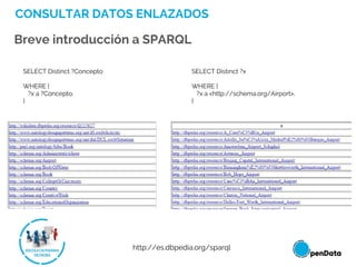 CONSULTAR DATOS ENLAZADOS
Breve introducción a SPARQL
SELECT Distinct ?Concepto
WHERE {
?x a ?Concepto.
}
http://es.dbpedia.org/sparql
SELECT Distinct ?x
WHERE {
?x a <http://schema.org/Airport>.
}
 