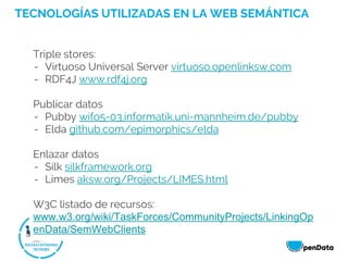 TECNOLOGÍAS UTILIZADAS EN LA WEB SEMÁNTICA
Triple stores:
- Virtuoso Universal Server virtuoso.openlinksw.com
- RDF4J www.rdf4j.org
Publicar datos
- Pubby wifo5-03.informatik.uni-mannheim.de/pubby
- Elda github.com/epimorphics/elda
Enlazar datos
- Silk silkframework.org
- Limes aksw.org/Projects/LIMES.html
W3C listado de recursos:
www.w3.org/wiki/TaskForces/CommunityProjects/LinkingOp
enData/SemWebClients
 