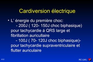 RC (UK)K12
Cardiversion électrique
• L’ énergie du première choc:
- 200J ( 120- 150J choc biphasique)
pour tachycardie á QRS large et
fibrillation auricullaire
- 100J ( 70- 120J choc biphasique)-
pour tachycardie supraventriculaire et
flutter auriculaire
 