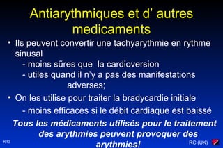 RC (UK)K13
Antiarythmiques et d’ autres
medicaments
• Ils peuvent convertir une tachyarythmie en rythme
sinusal
- moins sũres que la cardioversion
- utiles quand il n’y a pas des manifestations
adverses;
• On les utilise pour traiter la bradycardie initiale
- moins efficaces si le débit cardiaque est baissé
Tous les médicaments utilisés pour le traitement
des arythmies peuvent provoquer des
arythmies!
 