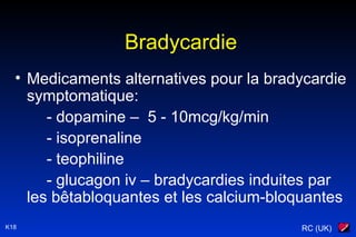 RC (UK)K18
Bradycardie
• Medicaments alternatives pour la bradycardie
symptomatique:
- dopamine – 5 - 10mcg/kg/min
- isoprenaline
- teophiline
- glucagon iv – bradycardies induites par
les bêtabloquantes et les calcium-bloquantes
 