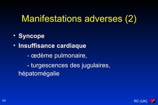 RC (UK)K6
Manifestations adverses (2)
• Syncope
• Insuffisance cardiaque
- œdème pulmonaire,
- turgescences des jugulaires,
hépatomégalie
 