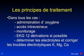 RC (UK)K7
Les principes de traitement
•Dans tous les cas :
- administration d’ oxygène
- accès intraveineux
- monitorage
- EKG 12 dérivations si possible
- déterminer les electrolytes et corriger
les troubles électrolytiques K, Mg, Ca
 