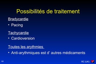 RC (UK)K8
Possibilités de traitement
Bradycardie
• Pacing
Tachycardie
• Cardioversion
Toutes les arythmies
• Anti-arythmiques est d’ autres médicaments
 