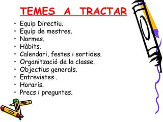 TEMES  A  TRACTAR Equip Directiu. Equip de mestres. Normes. Hàbits. Calendari, festes i sortides. Organització de la classe. Objectius generals. Entrevistes . Horaris. Precs i preguntes. 