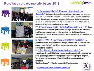 Resultados grupos metodológicos 2013
1.“¡Un paso adelante! Jóvenes dinamizadores
Conecta”. Se identificaron las estrategia...