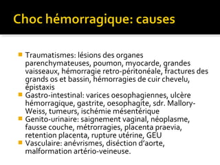  Traumatismes: lésions des organes
parenchymateuses, poumon, myocarde, grandes
vaisseaux, hémorragie retro-péritonéale, fractures des
grands os et bassin, hémorragies de cuir chevelu,
épistaxis
 Gastro-intestinal: varices oesophagiennes, ulcère
hémorragique, gastrite, oesophagite, sdr. Mallory-
Weiss, tumeurs, ischémie mésentérique
 Genito-urinaire: saignement vaginal, néoplasme,
fausse couche, métrorragies, placenta praevia,
retention placenta, rupture utérine, GEU
 Vasculaire: anévrismes, diséction d’aorte,
malformation artério-veineuse.
 