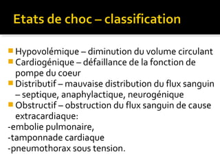  Hypovolémique – diminution du volume circulant
 Cardiogénique – défaillance de la fonction de
pompe du coeur
 Distributif – mauvaise distribution du flux sanguin
– septique, anaphylactique, neurogénique
 Obstructif – obstruction du flux sanguin de cause
extracardiaque:
-embolie pulmonaire,
-tamponnade cardiaque
-pneumothorax sous tension.
 