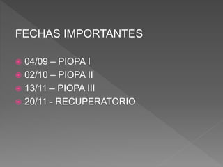 FECHAS IMPORTANTES
 04/09 – PIOPA I
 02/10 – PIOPA II
 13/11 – PIOPA III
 20/11 - RECUPERATORIO
 