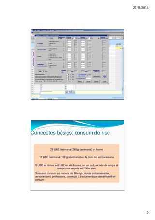 27/11/2013
5
28 UBE /setmana (280 gr./setmana) en home
17 UBE /setmana (168 gr./setmana) en la dona no embarassada
5 UBE en dones o 6 UBE en els homes, en un curt període de temps al
menys una vegada en l'últim mes
Qualsevol consum en menors de 16 anys, dones embarassades,
persones amb professions, patologia o tractament que desaconselli el
consum
Conceptes bàsics: consum de risc
 