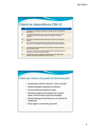 26/11/2013
4
ITEM SI NO
I De vegades li ve un fort desig o no pot pensar en una altra cosa que en la necessitat de
beure alcohol ?
IIa Ha tingut dificultat per disminuir el seu consum d'alcohol durant un temps o deixar-ho
per complet quan vostè ho ha proposat o quan l'hi ha aconsellat el seu metge o
infermera?
IIb Quan ha pres una beguda alcohòlica ha acabat bevent més del que en principi s'havia
proposat?
III Quan ha reduït el consum o deixat de beure, ha tingut nauseas o arcades, tremolor de
mans, suor o s'ha sentit agitat? S'ha vist obligat a beure per evitar aquests símptomes?
IV Ha necessitat beure més quantitat d'alcohol, per aconseguir els mateixos efectes que
quan va començar a beure?
V En ocasions a causa del consum d'alcohol ha emprat menys temps gaudint de les seves
distraccions o estar amb la seva família o amistats
VI Ha seguit bevent a pesar que la beguda li causa problemes de salut o algun familiar,
amistat o sanitari li hagi aconsellat reduir o deixar el consum?
Criteris de dependència CIM-10
• Antecedents: delírium trèmens / crisis comicials
• Simptomatologia d’abstinència matutina
• Consum habitual d’alcohol en dejú
• Sensació subjectiva del pacient de no poder
deixar l’alcohol sense suport farmacològic
• Simptomatologia d’abstinència en el moment de
l’exploració
• Estat orgànic compromès greument
Criteris per indicar una pauta de desintoxicació
 