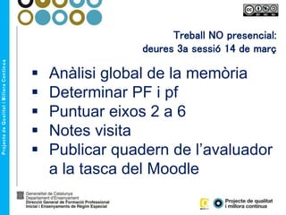 Treball NO presencial:
deures 3a sessió 14 de març
 Anàlisi global de la memòria
 Determinar PF i pf
 Puntuar eixos 2 a 6
 Notes visita
 Publicar quadern de l’avaluador
a la tasca del Moodle
 
