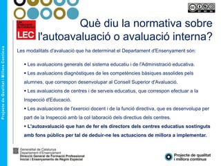 Què diu la normativa sobre
l'autoavaluació o avaluació interna?
Les modalitats d'avaluació que ha determinat el Departament d'Ensenyament són:
 Les avaluacions generals del sistema educatiu i de l'Administració educativa.
 Les avaluacions diagnòstiques de les competències bàsiques assolides pels
alumnes, que correspon desenvolupar al Consell Superior d'Avaluació.
 Les avaluacions de centres i de serveis educatius, que correspon efectuar a la
Inspecció d'Educació.
 Les avaluacions de l'exercici docent i de la funció directiva, que es desenvolupa per
part de la Inspecció amb la col·laboració dels directius dels centres.
 L'autoavaluació que han de fer els directors dels centres educatius sostinguts
amb fons públics per tal de deduir-ne les actuacions de millora a implementar.
 