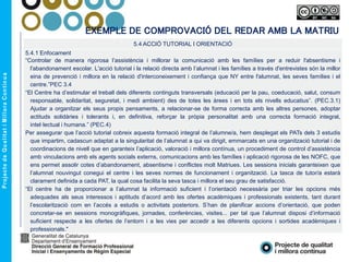 EXEMPLE DE COMPROVACIÓ DEL REDAR AMB LA MATRIU
5.4 ACCIÓ TUTORIAL I ORIENTACIÓ
5.4.1 Enfocament
“Controlar de manera rigorosa l’assistència i millorar la comunicació amb les famílies per a reduir l'absentisme i
l'abandonament escolar. L'acció tutorial i la relació directa amb l’alumnat i les famílies a través d'entrevistes són la millor
eina de prevenció i millora en la relació d'interconeixement i confiança que NY entre l'alumnat, les seves famílies i el
centre.”PEC 3.4
“El Centre ha d’estimular el treball dels diferents continguts transversals (educació per la pau, coeducació, salut, consum
responsable, solidaritat, seguretat, i medi ambient) des de totes les àrees i en tots els nivells educatius”. (PEC.3.1)
Ajudar a organitzar els seus propis pensaments, a relacionar-se de forma correcta amb les altres persones, adoptar
actituds solidàries i tolerants i, en definitiva, reforçar la pròpia personalitat amb una correcta formació integral,
intel·lectual i humana.” (PEC.4)
Per assegurar que l’acció tutorial cobreix aquesta formació integral de l’alumne/a, hem desplegat els PATs dels 3 estudis
que impartim, cadascun adaptat a la singularitat de l’alumnat a qui va dirigit, emmarcats en una organització tutorial i de
coordinacions de nivell que en garanteix l’aplicació, valoració i millora contínua, un procediment de control d’assistència
amb vinculacions amb els agents socials externs, comunicacions amb les famílies i aplicació rigorosa de les NOFC, que
ens permet assolir cotes d’abandonament, absentisme i conflictes molt Matriues. Les sessions inicials garanteixen que
l’alumnat nouvingut conegui el centre i les seves normes de funcionament i organització. La tasca de tutor/a estarà
clarament definida a cada PAT, la qual cosa facilita la seva tasca i millora el seu grau de satisfacció.
“El centre ha de proporcionar a l’alumnat la informació suficient i l’orientació necessària per triar les opcions més
adequades als seus interessos i aptituds d’acord amb les ofertes acadèmiques i professionals existents, tant durant
l’escolarització com en l’accés a estudis o activitats posteriors. S’han de planificar accions d’orientació, que poden
concretar-se en sessions monogràfiques, jornades, conferències, visites... per tal que l’alumnat disposi d’informació
suficient respecte a les ofertes de l’entorn i a les vies per accedir a les diferents opcions i sortides acadèmiques i
professionals."
 