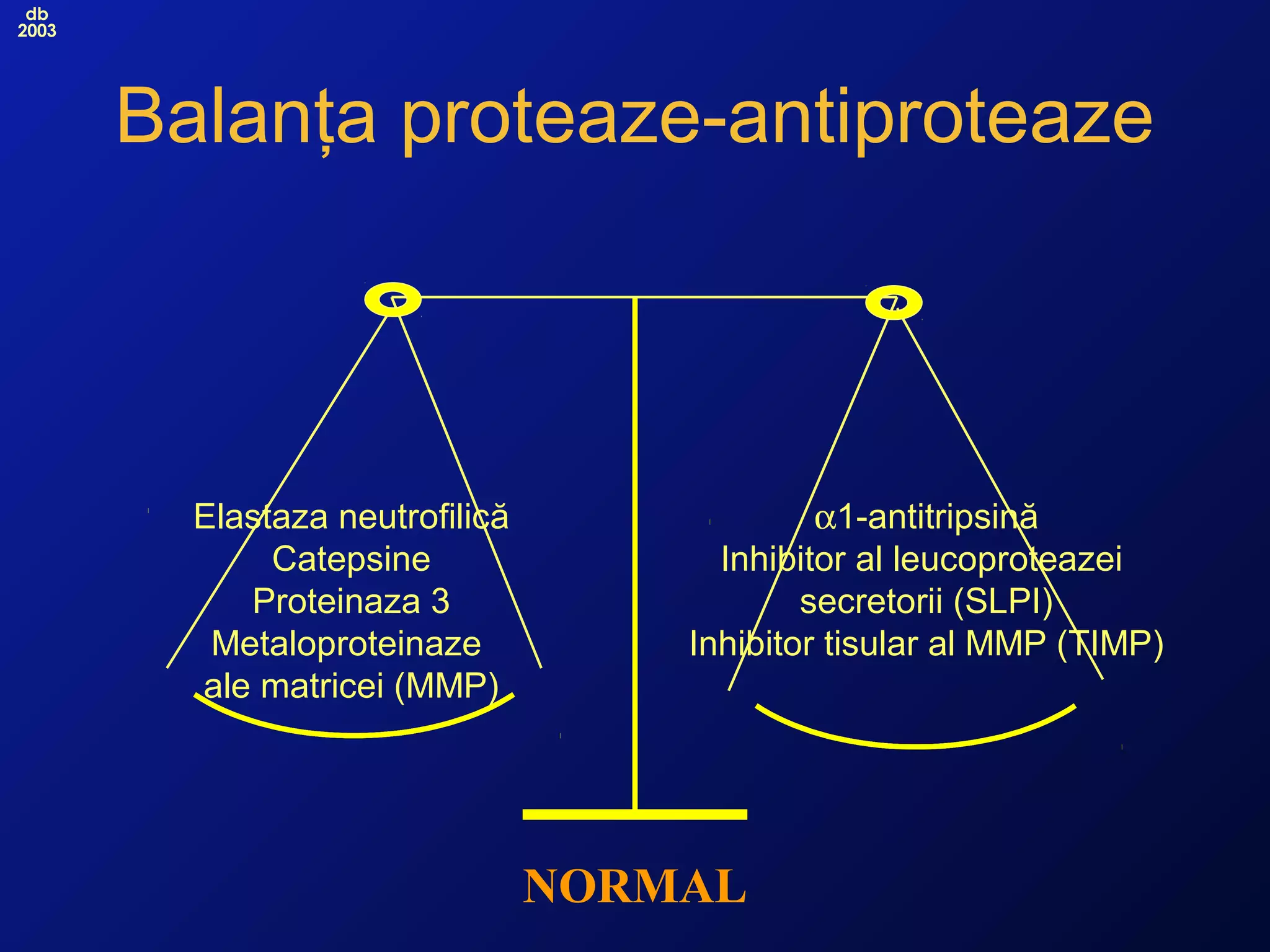 db
2003
Balanţa proteaze-antiproteaze
Elastaza neutrofilică
Catepsine
Proteinaza 3
Metaloproteinaze
ale matricei (MMP)
α1-antitripsină
Inhibitor al leucoproteazei
secretorii (SLPI)
Inhibitor tisular al MMP (TIMP)
NORMAL
 