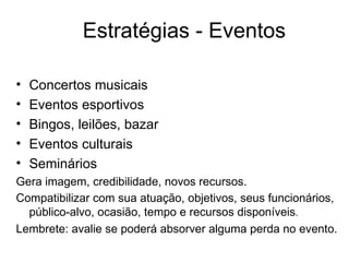 Estratégias - Eventos Concertos musicais Eventos esportivos Bingos, leilões, bazar Eventos culturais Seminários Gera imagem, credibilidade, novos recursos. Compatibilizar com sua atuação, objetivos, seus funcionários, público-alvo, ocasião, tempo e recursos disponíveis . Lembrete: avalie se poderá absorver alguma perda no evento. 