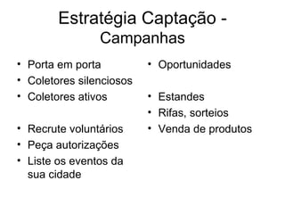 Estratégia Captação -  Campanhas Porta em porta Coletores silenciosos Coletores ativos Recrute voluntários Peça autorizações Liste os eventos da sua cidade Oportunidades Estandes Rifas, sorteios Venda de produtos 