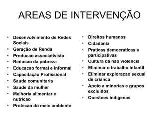AREAS DE INTERVENÇÃO Desenvolvimento de Redes  Sociais  Geração de Renda Producao associativista Reducao da pobreza Educacao formal e informal Capacitação Profissional Saude comunitaria Saude da mulher Melhoria alimentar e nutricao Protecao do meio ambiente Direitos humanos Cidadania Praticas democraticas e participativas Cultura da nao violencia Eliminar o trabalho infantil Eliminar exploracao sexual de crianca Apoio a minorias e grupos excluidos Questoes indigenas 