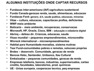 ALGUMAS INSTITUIÇÕES ONDE CAPTAR RECURSOS Fundacao inter-americana (IAF)-agricultura sustentavel Fundo Canada-geracao renda, saude, alimentacao, educacao Fundacao Ford-  genero, d.h, saude publica, educacao, minorias Vitae – cultura, educacao, capacitacao profiss, deficientes WWF-meio ambiente Boticario -  meio ambiente, recuperacao, conservacao Microsoft, HP,  Oracle, Cisco,  IBM  – educação e cidadania digital Abrinq – defesa dir. Criancas, educacao, saude Visao mundial – pequenos empreendimentos, microcredito Winrock international – microempreendimentos Habitat para Humanidade-moradias, sistema mutirao Tear Fund-comunidades pobres e remotas, solucoes proprias Bnde s – desenvolv. Comunidade, geracao de renda Bancos Hsbc, Santander, Unibanco, Itau Cultural Embaixadas – pequenas comunidades, geracao de renda Empresas telefonia, bancos, industrias, supermercados, cartao credito, faculdades, laboratorios, prod. quimicos UE - Uniao europeia, cooperacao tecnica, peq empresas 