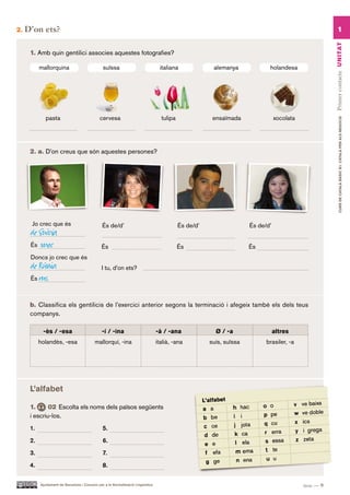 2.   D’on ets?                                                                                                                                               1




                                                                                                                                                        Primer contacte UN ITAT
      1. Amb quin gentilici associes aquestes fotografies?

           mallorquina                           suïssa                             italiana              alemanya             holandesa




              pasta                            cervesa                               tulipa               ensaïmada                xocolata




                                                                                                                                                               CURS DE CATAlà BàSIC B1. CATAlà PER AlS nEGoCIS
      2. a. D’on creus que són aquestes persones?




       Jo crec que és                           És de/d’                                      És de/d’                  És de/d’
      de Suècia
      És suec                                   És                                            És                        És
      Doncs jo crec que és
      de Rússia                                 I tu, d’on ets?
      És rus



      b. Classifica els gentilicis de l’exercici anterior segons la terminació i afegeix també els dels teus
      companys.

            -ès / -esa                          -í / -ina                          -à / -ana               Ø / -a                  altres
           holandès, -esa                   mallorquí, -ina                        italià, -ana          suís, suïssa         brasiler, -a




      l’alfabet

      1.      02 Escolta els noms dels països següents
      i escriu-los.
      1.                                         5.

      2.                                         6.

      3.                                         7.

      4.                                         8.


           Ajuntament de Barcelona i Consorci per a la Normalització Lingüística                                                              nou — 9
 