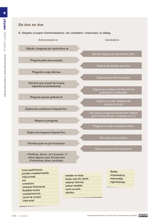 8
El millor candidat UN ITAT




                                                                De dos en dos

                                                                6. Adopteu el paper d’entrevistador/a i de candidat/a i improviseu un diàleg.

                                                                                    Entrevistador/a                                              Candidat/a


                                                                       Saluda i pregunta per quina feina ve.

                                                                                                                               Saluda i digues per quina feina véns.
         CURS DE CATAlà BàSIC B1. CATAlà PER AlS nEGoCIS




                                                                             Pregunta pels seus estudis.

                                                                                                                                      Explica els estudis que tens.

                                                                              Pregunta si sap idiomes.

                                                                                                                                      Digues quins idiomes parles.
                                                                            Demana que et parli de la seva
                                                                              experiència professional.
                                                                                                                                Digues que acabes d’arribar d’unes
                                                                                                                                     pràctiques a l’estranger.
                                                                             Pregunta quines aptituds té.
                                                                                                                                     Explica com ets i destaca els
                                                                                                                                           teus punts forts.
                                                                      Explica les condicions d’aquest lloc.
                                                                                                                            Fes alguna pregunta d’aclariment d’algun
                                                                                                                             punt concret (horari, contracte, sou...).
                                                                                 Respon la pregunta.

                                                                                                                                Pregunta en què consisteix la feina.

                                                                        Explica les tasques d’aquest lloc.

                                                                                                                                          Demostra el teu interès.
                                                                        Demana quan es pot incorporar.

                                                                                                                                   Digues quan et pots incorporar.
                                                                       —Perfecte, doncs. Ja li trucarem i li
                                                                        direm alguna cosa. Encara hem
                                                                         d’entrevistar altres candidats.




                                                           110 — cent deu                                                Ajuntament de Barcelona i Consorci per a la Normalització Lingüística
 