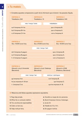8                                                           Tu mateix
El millor candidat UN ITAT




                                                                 1. Completa aquestes comparacions a partir de la informació que et donem i les paraules d’ajuda.

                                                                    EMPRESA A                              EMPRESA B                                     EMPRESA C
                                                                    Treballadors: 545                      Treballadors: 15                              Treballadors: 545

                                                                                             més / menys / tants                        treballadors

                                                                    a. A l’empresa A hi ha                                                 que a l’empresa B.
         CURS DE CATAlà BàSIC B1. CATAlà PER AlS nEGoCIS




                                                                    b. A l’empresa B hi ha                                                 que a l’empresa A.

                                                                    c. A l’empresa C hi ha                                                  com a l’empresa A.




                                                                    EMPRESA A                              EMPRESA B                                     EMPRESA C
                                                                    Sou: 19.000 euros l’any                Sou: 27.000 euros l’any                       Sou: 19.000 euros l’any

                                                                                                               més / menys / tant

                                                                    d. A l’empresa A paguen                                                     que a l’empresa B.
                                                                    e. A l’empresa B paguen                                                     que a l’empresa A.

                                                                    f. A l’empresa C paguen                                                     com a l’empresa A.




                                                                    EMPRESA A                              EMPRESA B                                     EMPRESA C
                                                                    Ubicació: a la pl. Universitat         Ubicació: a la pl. Catalunya                  Ubicació: al 22@
                                                                    (Barcelona)                            (Barcelona)                                   (Poblenou, Barcelona)


                                                                                             més / menys / tan                   cèntrica / cèntriques

                                                                    g. L’empresa A és                                               com l’empresa B.

                                                                    h. Les empreses A i B són                                                     que l’empresa C.

                                                                    i. L’empresa C és                                                que les empreses A i B.




                                                                 2. Relaciona amb fletxes aquestes expressions equivalents.

                                                                 1. Faig mitja jornada.                                   a. Coordino un equip de cinc persones.
                                                                 2. M’han fet un contracte indefinit.                     b. Sovint l’empresa m’envia a l’estranger.
                                                                 3. Tinc una feina de responsabilitat.                    c. Ja sóc fix!
                                                                 4. Cobro un bon sou.                                     d. Treballo de 10 a 14 h.
                                                                 5. Viatjo molt per feina.                                e. Em paguen molt bé.


                                                           116 — cent setze                                                    Ajuntament de Barcelona i Consorci per a la Normalització Lingüística
 
