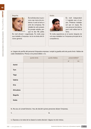 10
Tinc un problema UN ITAT




                                                                     Begoña                                               Koldo
                                                                                            És molt discreta i no pro-                              És molt independent
                                                                                            voca cap mena de pro-                                   i li agrada anar al seu
                                                                                            blema ni amb la feina ni                                aire. Prefereix treballar
                                                                                            amb els companys. No                                    sol que en equip. És
                                                                                            treballa bé amb pressió.                                una persona hermètica,
                                                                                            Fa jornada reduïda, per-                                però molt vàlida fent la
                                                                                            què té dos fills petits.                                feina.
        CURS DE CATAlà BàSIC B1. CATAlà PER AlS nEGoCIS




                                                                     És molt eficient i organitzada. Fa molts anys        Té molta experiència en el sector després de
                                                                     que treballa a l’empresa i és la mà dreta del di-    vuit anys treballant en l’empresa principal de la
                                                                     rector general.                                      competència.




                                                                a. Llegeix els perfils del personal d’aquesta empresa i omple la graella amb els punts forts i febles de
                                                                cada treballador/a. Pensa si és prescindible o no.

                                                                                                punts forts              punts febles                                  prescindible?

                                                                                                                                                                     sí                    no

                                                                      Astrid


                                                                      Tom


                                                                      Yago


                                                                      Valérie


                                                                      Kris


                                                                      Almudena


                                                                      Begoña


                                                                      Koldo




                                                                b. Ara sou al consell directiu i heu de decidir quines persones deixen l’empresa.

                                                                1.                                                       2.



                                                                c. Exposeu a la resta de la classe la vostra decisió i digueu-ne els motius.


                                                          142 — cent quaranta-dos                                             Ajuntament de Barcelona i Consorci per a la Normalització Lingüística
 